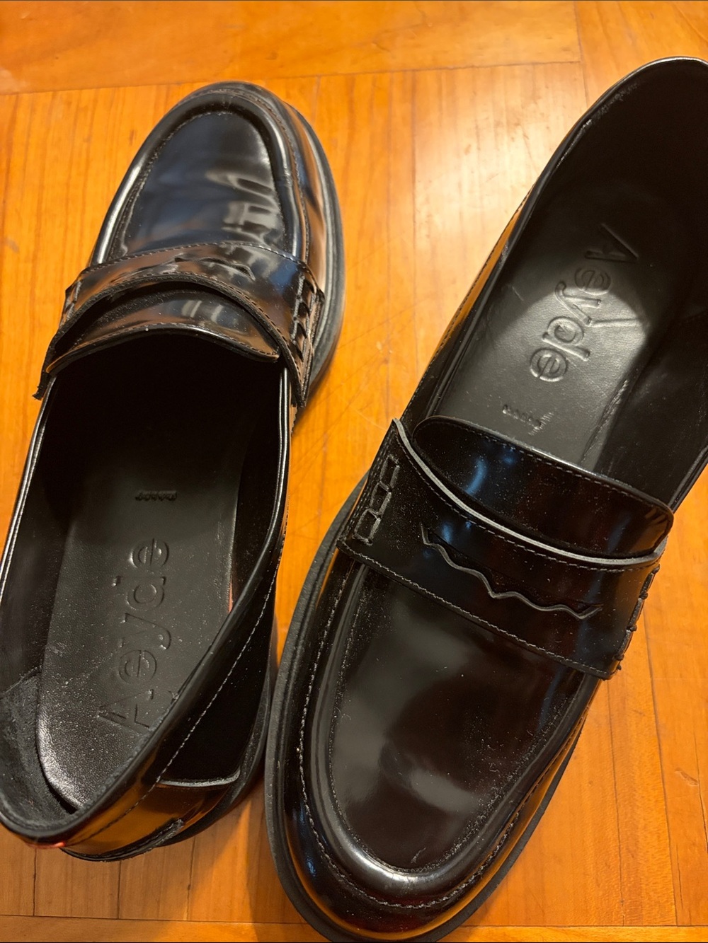Aeyde Black Patent Penny Loafers